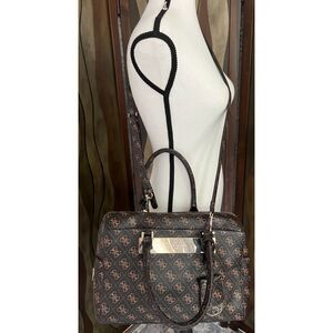Guess Isla Quattro G Logo Print Box Satchel/Crossbody in brown/tan